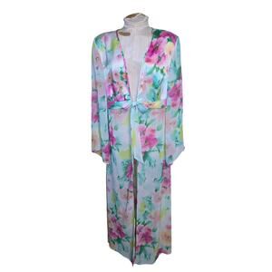Delicates Pastel Floral Robe Tie Waist M Long Sexy Sheer Bottom Satin Top